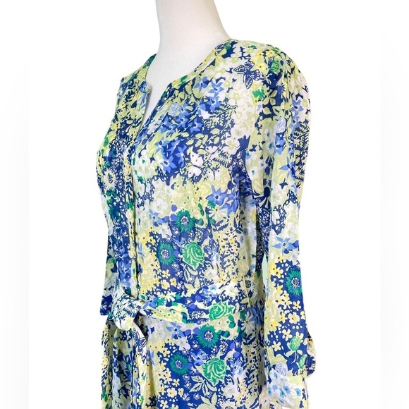 Talbots Cotton Tie Waist Button-Down Split Neck Yellow/Blue Floral Dress Size 4 - Picture 4 of 16